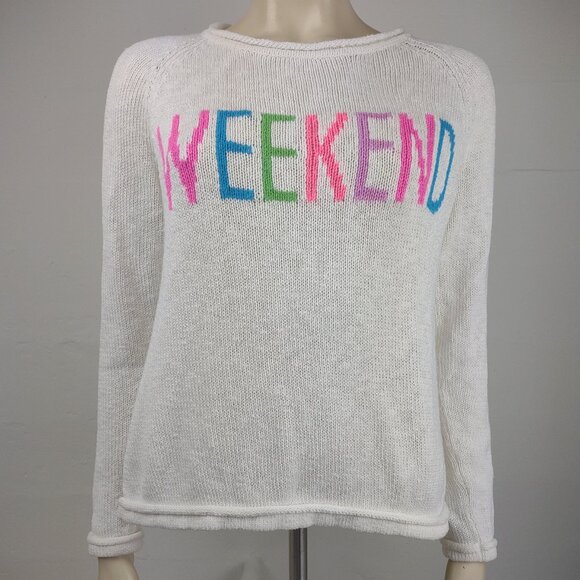 Lilly Pulitzer white colorful Weekend spellout cotton blend sweater ladies Small - Picture 1 of 7